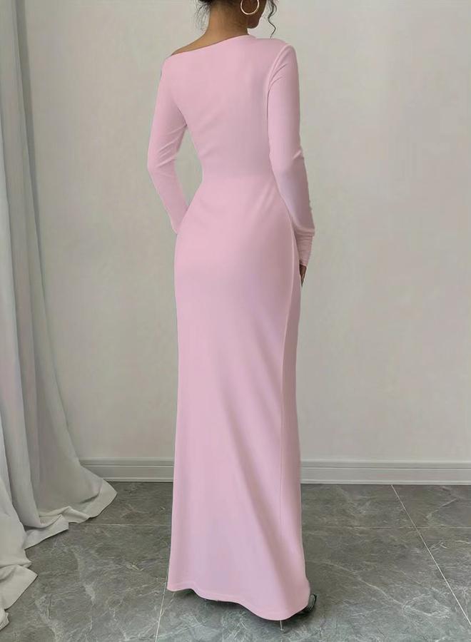 ستايلي فستان ماكسي ضيق بياقة غير متماثلة وسادة - Image 3