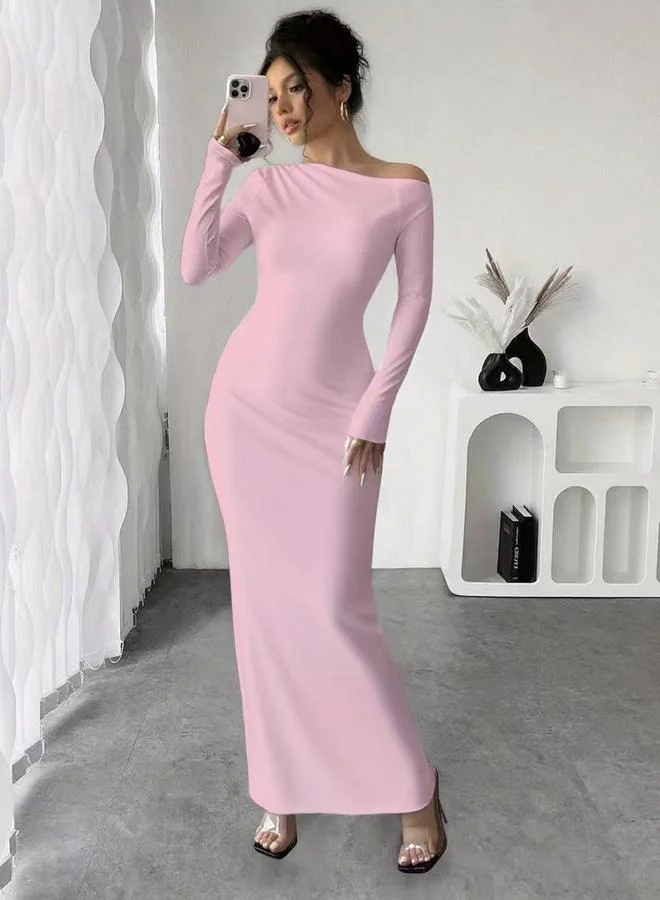 Styli Solid Asymmetric Neck Bodycon Maxi Dress