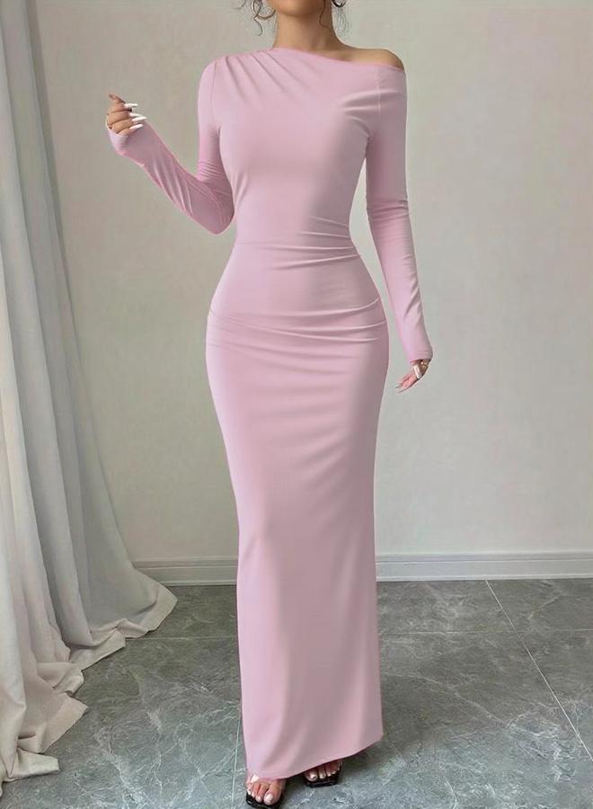 ستايلي فستان ماكسي ضيق بياقة غير متماثلة وسادة - Image 4