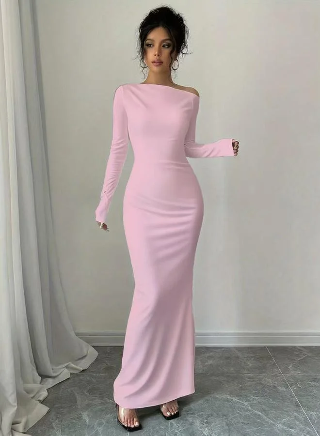 Styli Solid Asymmetric Neck Bodycon Maxi Dress