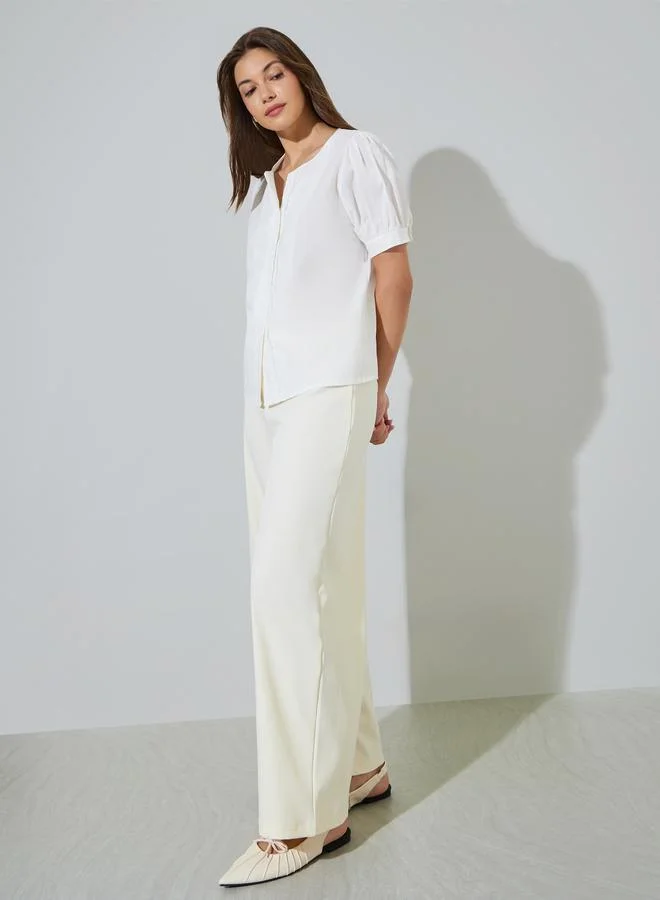 ستايلي White Linen-Look Puff Sleeve Shirt