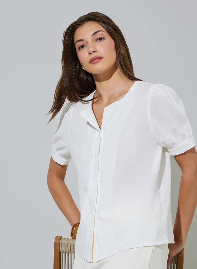 ستايلي White Linen-Look Puff Sleeve Shirt