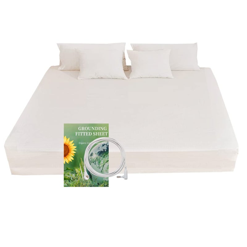 Grounding Fitted Sheet Kit Grounding Sheets with Silver Fiber Grounding Cord Grounding Bed Cover for Efficient Sleep Reduce Stress Natural HealthWhite Queen
