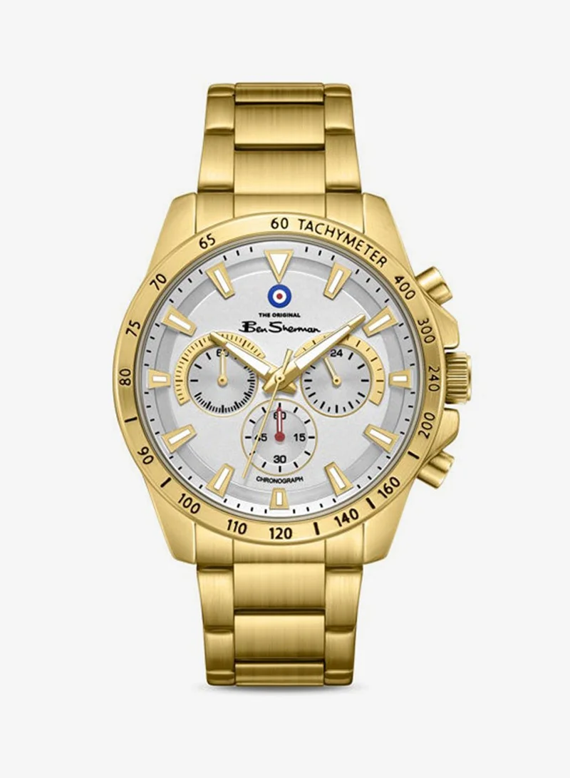 Ben Sherman Liverpool  White Dial Gold Stainless Steel Bracelet Chronograph Watch for Men, 44mm