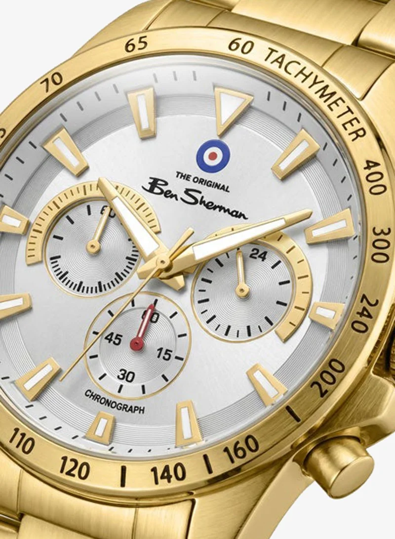 Ben Sherman Liverpool  White Dial Gold Stainless Steel Bracelet Chronograph Watch for Men, 44mm
