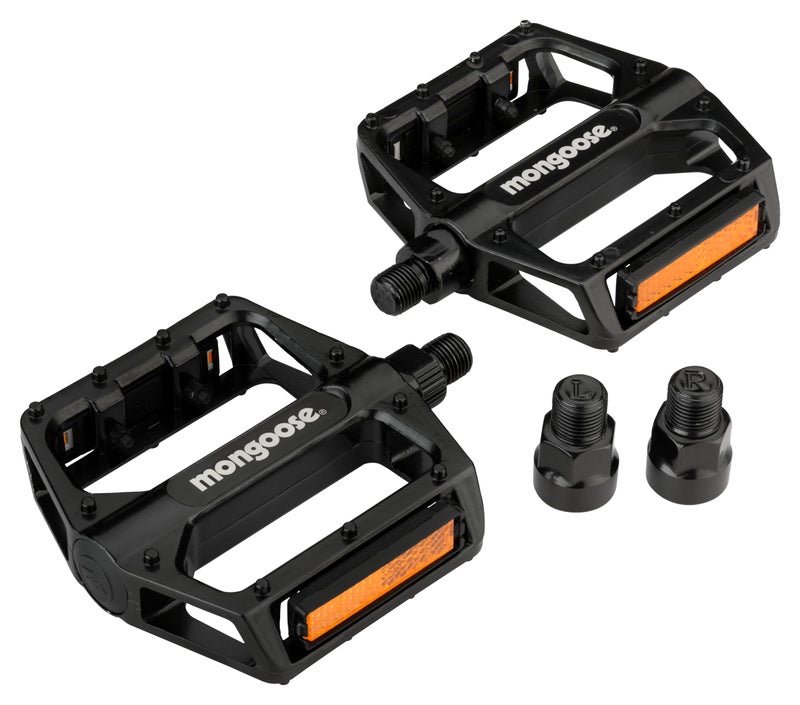 Mongoose Bike Pedals for Adult Mountain Bikes, with 1/2" and 9/16" Adapters, Lightweight, Durable Alloy Wide Platform Pedal with Reflective Strips on Sides, Black - Image 1