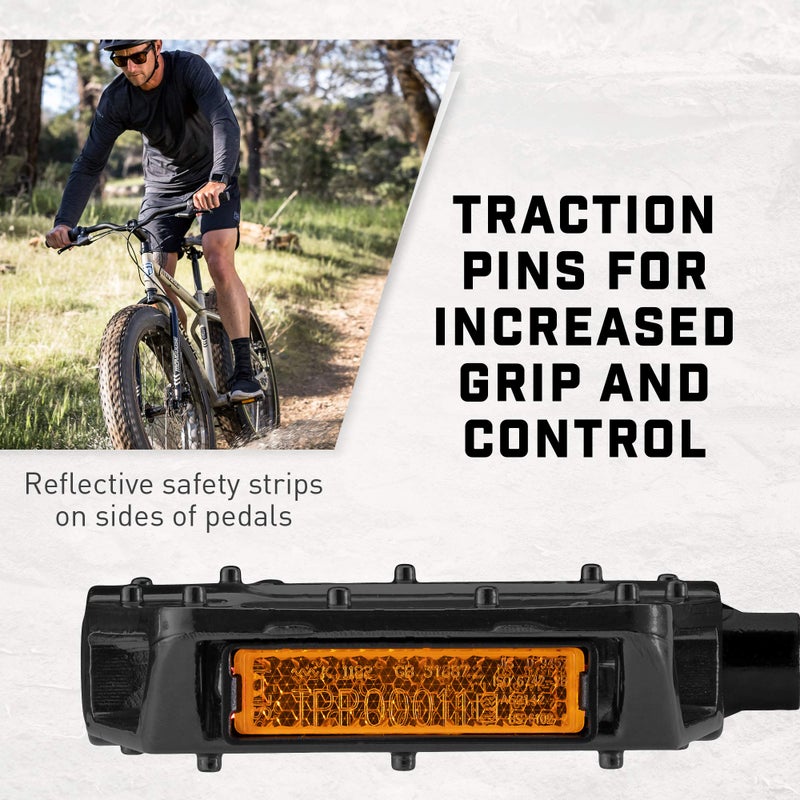 Mongoose Bike Pedals for Adult Mountain Bikes, with 1/2" and 9/16" Adapters, Lightweight, Durable Alloy Wide Platform Pedal with Reflective Strips on Sides, Black - Image 2