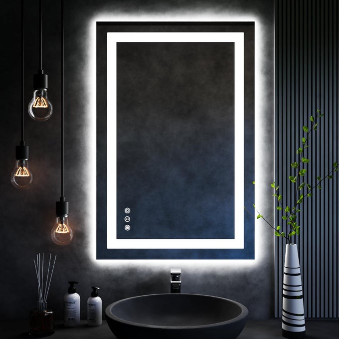 24X36 LED MIRROR FOR BATHROOM WITH DOUBLE LIGHT STRIP ANTIFOG MEMORY DIMMABLE MAKEUP MIRROR LARGE VANITY MIRRORS FOR WALL TEMPERED GLASS SHATTERPROOF