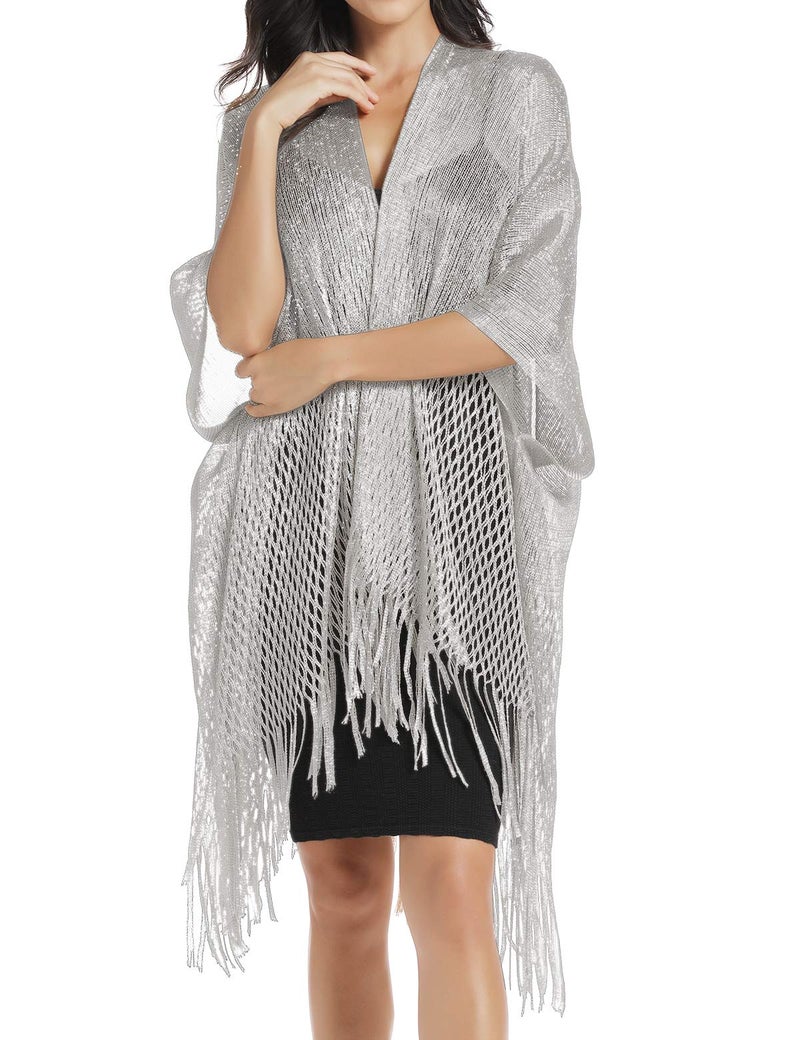 Rheane Silver Cardigan For Women - Dressy Shawl Wraps For Formal Evening Dresses - Dark Gray Sequin Kimono - Image 3