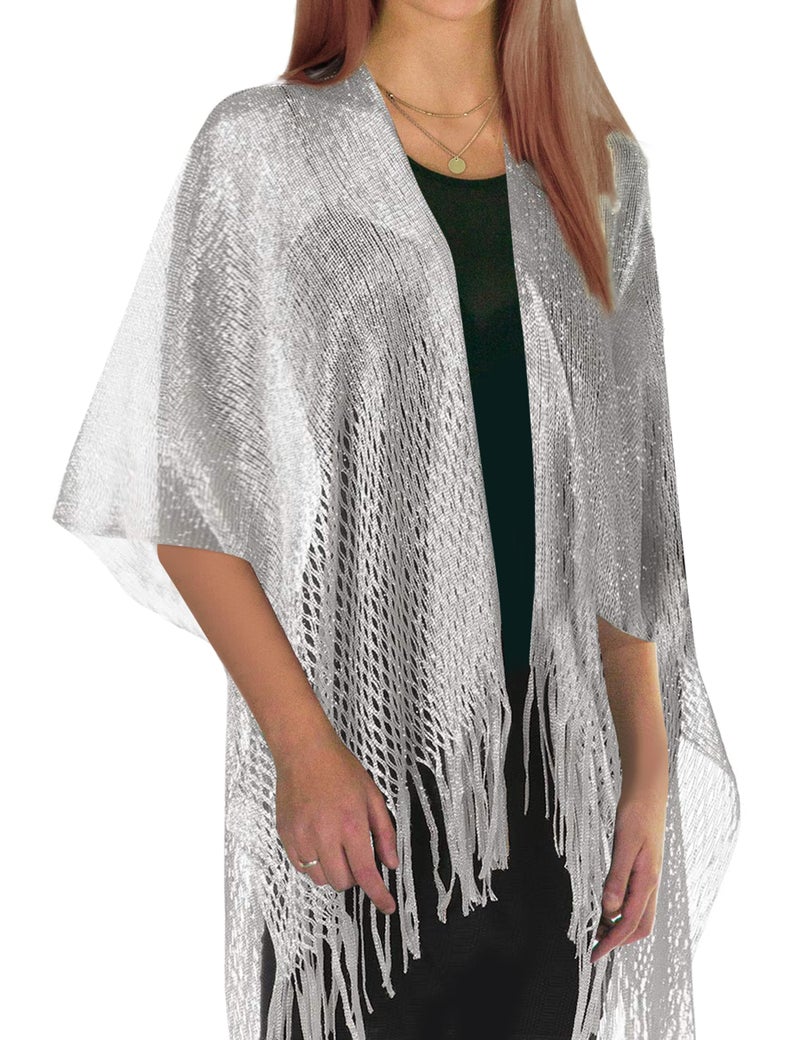 Rheane Silver Cardigan For Women - Dressy Shawl Wraps For Formal Evening Dresses - Dark Gray Sequin Kimono - Image 1