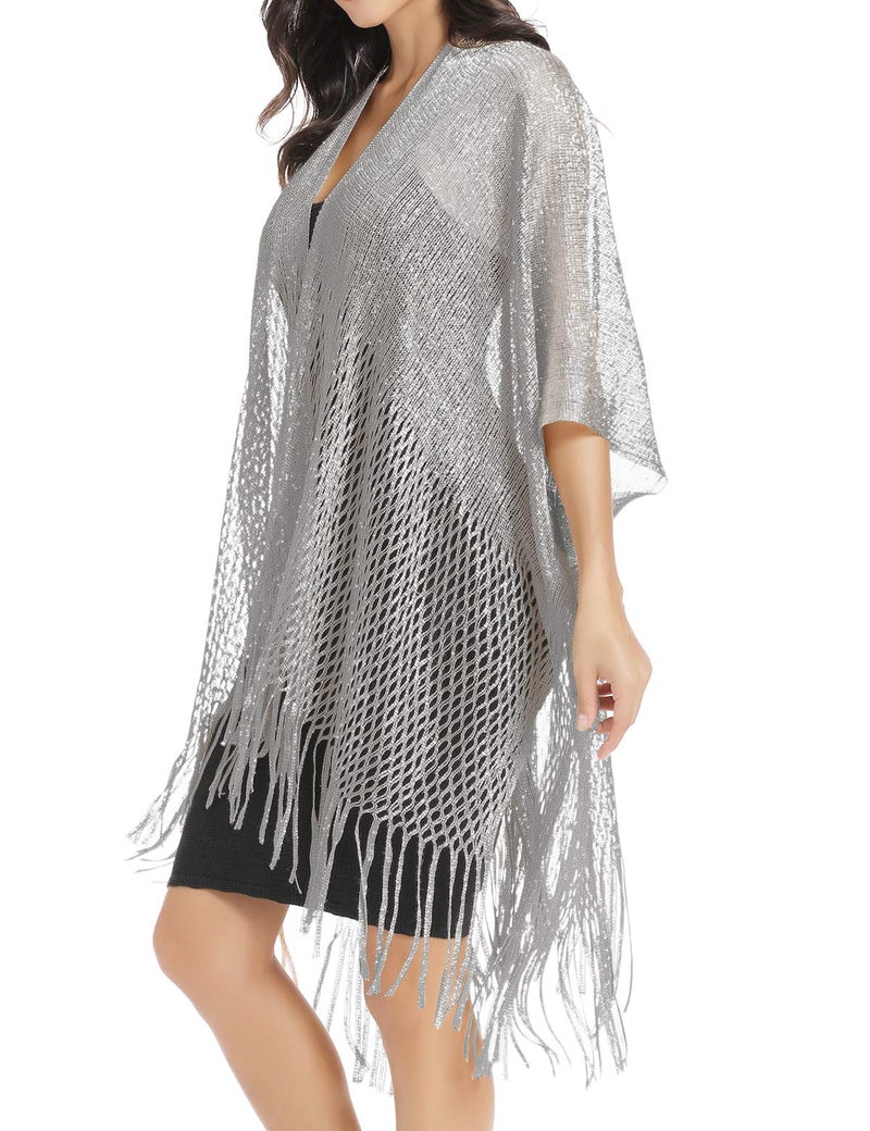 Rheane Silver Cardigan For Women - Dressy Shawl Wraps For Formal Evening Dresses - Dark Gray Sequin Kimono - Image 4