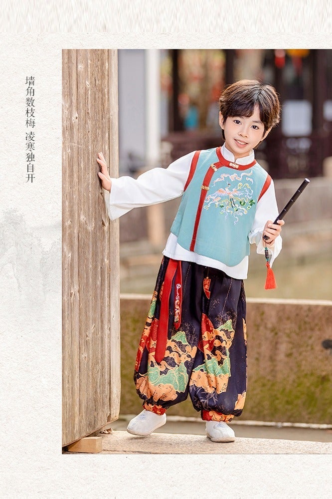 ليانغ سان تشي الأولاد Summe الصينية الصينية Tang Suit Hanfu مجموعة المكونة من قطعتين ، زي الأداء القديم المطرز للأطفال ، الزي الثقافي الصيني الجديد (سن 3-12) - Image 5
