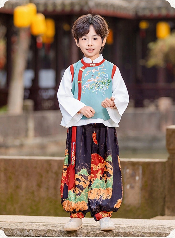 ليانغ سان تشي الأولاد Summe الصينية الصينية Tang Suit Hanfu مجموعة المكونة من قطعتين ، زي الأداء القديم المطرز للأطفال ، الزي الثقافي الصيني الجديد (سن 3-12) - Image 3