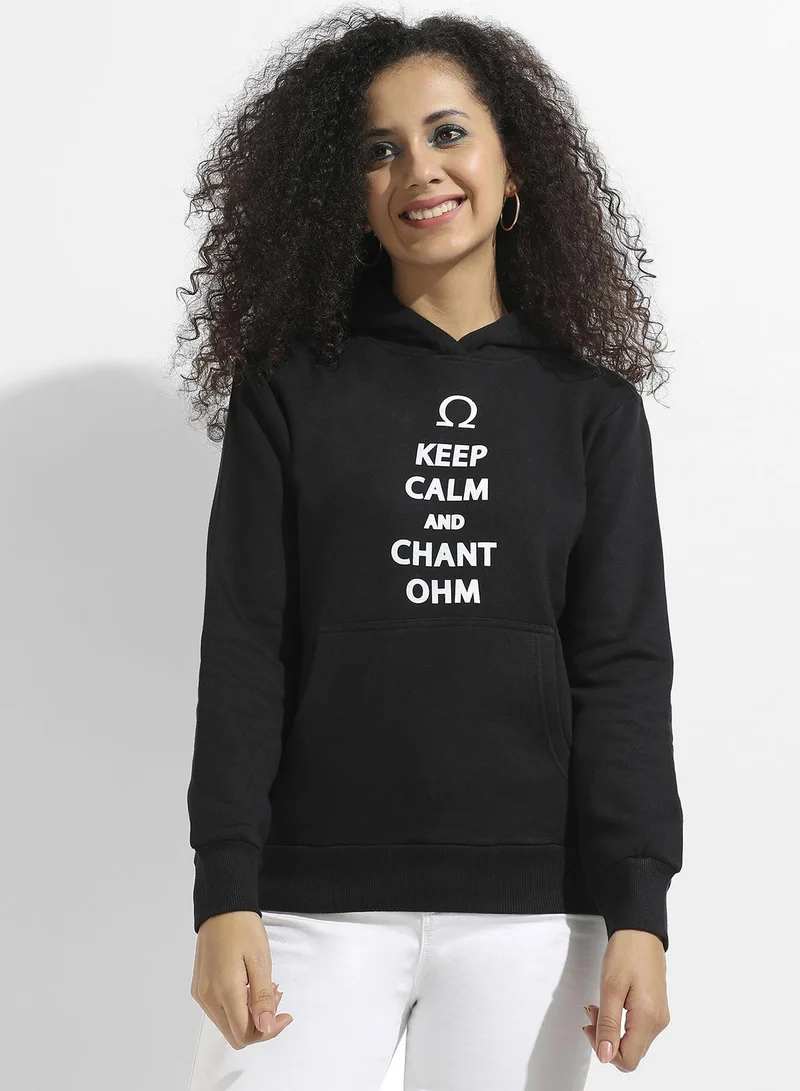 Campus Sutra Women's Onyx Black Chant-Ohm Print Pullover Hoodie