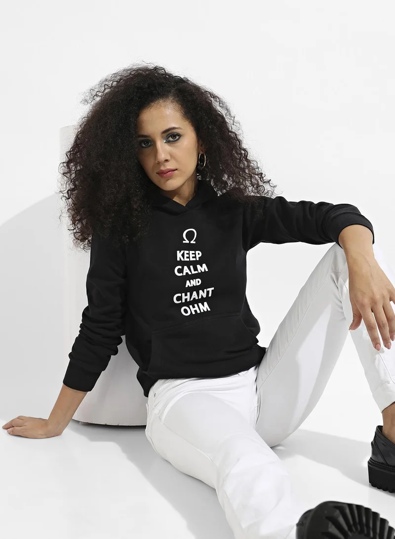 Campus Sutra Women's Onyx Black Chant-Ohm Print Pullover Hoodie