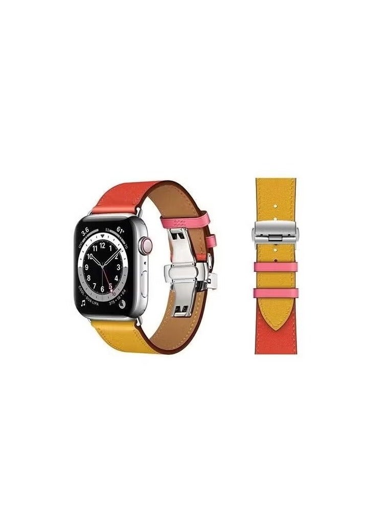 vesus Genuine Leather Replacement Band with Silver Buckle for Apple Watch Series 6/SE/5/4/3/2/1 44/42mm Orange/Yellow