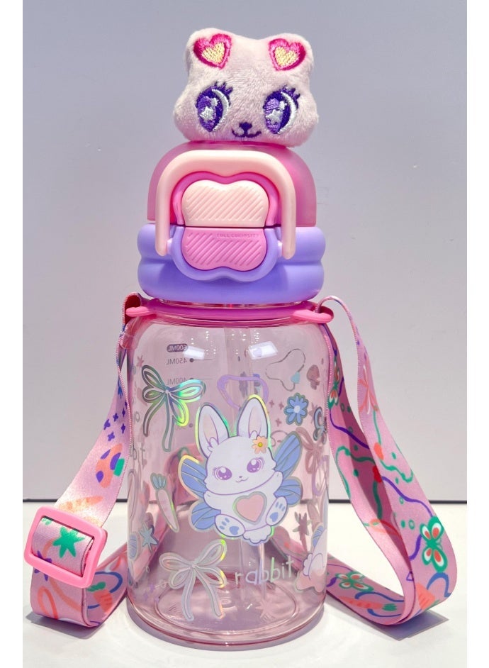 Five dream house 600ML Dreamy Rabbit Kids Water Bottle For School, Sippy Cup with Straw, Dual Drink Design with Magnetic Plush Toy Brooch – Free Magnetic Plush Toy Brooch as Gift - Image 1