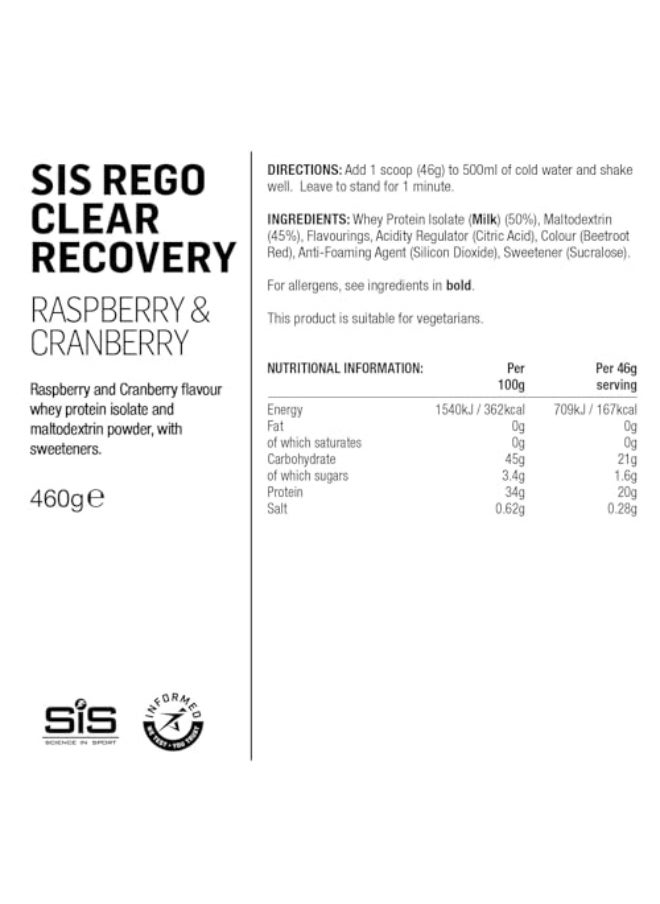 SIS - REGO CLEAR Recovery, LIGHT & REFRESHING RECOVERY FORMULA, CONTAINING A 1:1 RATIO OF PROTEIN AND CARBOHYDRATES TO SUPPORT RECOVERY FROM ENDURANCE EXCERCISE. CLEAR WHEY PROTEIN, 20G PROTEIN, LOW SUGAR. RASPBERRY & CRANBERRY FLAVOUR, 460G, 10 SERVINGS. - Image 1