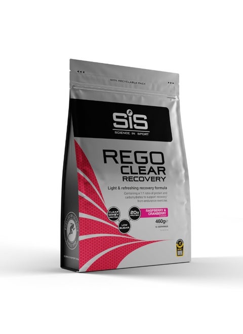 REGO CLEAR Recovery, LIGHT & REFRESHING RECOVERY FORMULA, CONTAINING A 1:1 RATIO OF PROTEIN AND CARBOHYDRATES TO SUPPORT RECOVERY FROM ENDURANCE EXCERCISE. CLEAR WHEY PROTEIN, 20G PROTEIN, LOW SUGAR. RASPBERRY & CRANBERRY FLAVOUR, 460G, 10 SERVINGS.