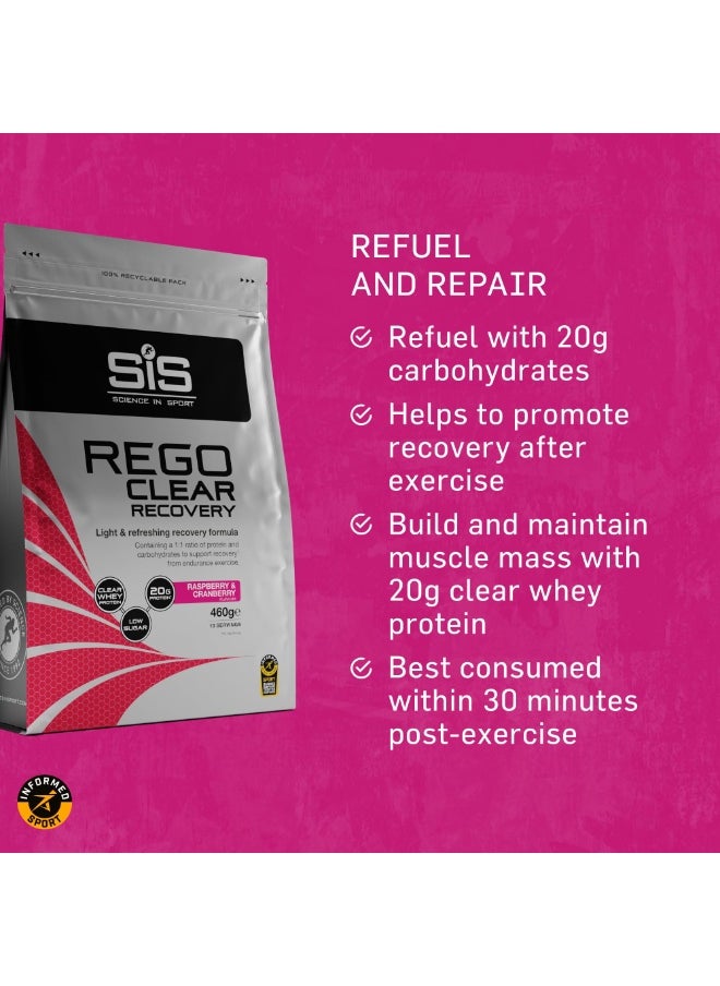 SIS - REGO CLEAR Recovery, LIGHT & REFRESHING RECOVERY FORMULA, CONTAINING A 1:1 RATIO OF PROTEIN AND CARBOHYDRATES TO SUPPORT RECOVERY FROM ENDURANCE EXCERCISE. CLEAR WHEY PROTEIN, 20G PROTEIN, LOW SUGAR. RASPBERRY & CRANBERRY FLAVOUR, 460G, 10 SERVINGS. - Image 1