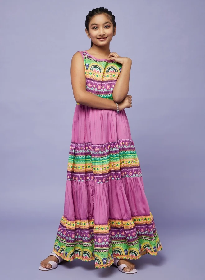 AKS Purple Ethnic Motifs Maxi Dress for Girls