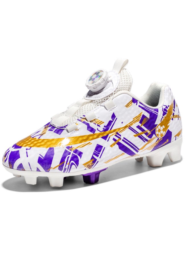 Children's Football Shoes with Rotating Buttons - C Luo Style, Velcro Training Spikes, White and Purple Long Nails