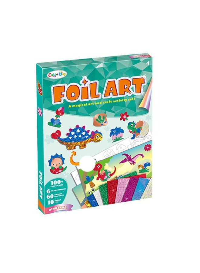 Capstro Foil ART 3D Sticker Craft Kit – Dinosaur Theme | 6 Dino Picture Canvases with 100+ Foam Stickers & 60+ Colorful Foil Sheets | DIY Foil Paper Craft Kit for Kids Age 4+ | Creative Arts Gift for Boys & Girls - Image 1