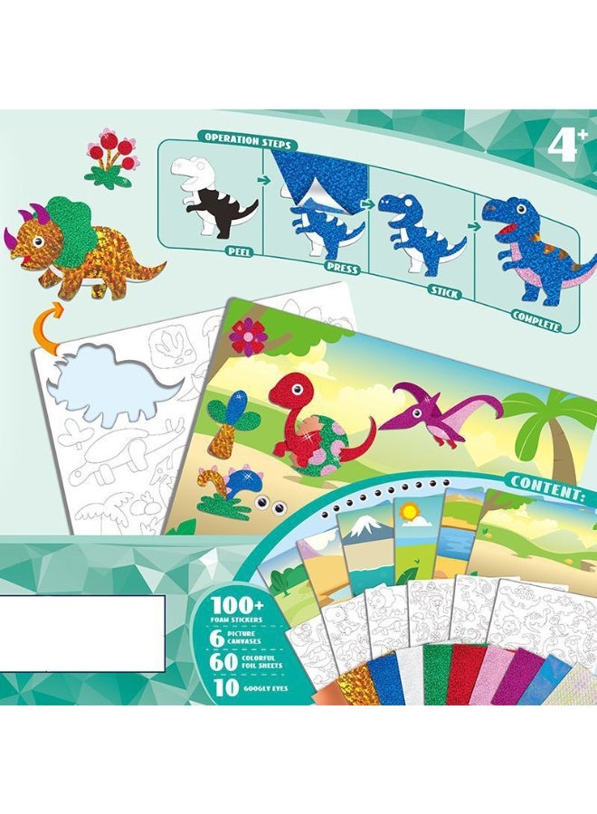 Capstro Foil ART 3D Sticker Craft Kit – Dinosaur Theme | 6 Dino Picture Canvases with 100+ Foam Stickers & 60+ Colorful Foil Sheets | DIY Foil Paper Craft Kit for Kids Age 4+ | Creative Arts Gift for Boys & Girls - Image 2