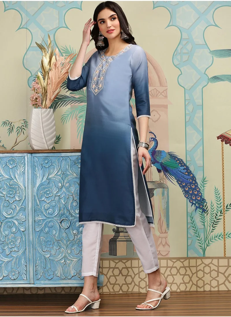 آي شين Straight Fit Dyed Pattern Round Neck Three-Quarter Sleeves WHITE and BLUE Colour Woven Cotton Kurta Set for Women with Semi Elastic Closure - Designed with Style and Comfort