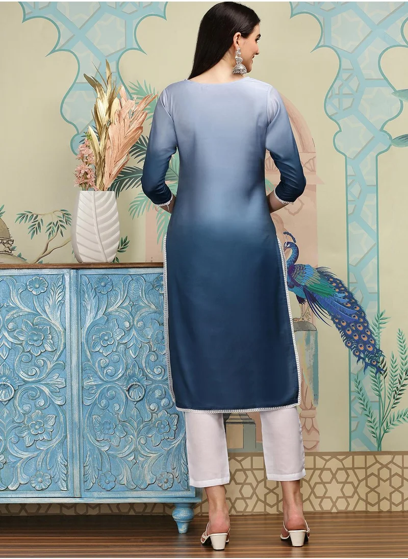 ISHIN Straight Fit Dyed Pattern Round Neck Three-Quarter Sleeves WHITE and BLUE Colour Woven Cotton Kurta Set for Women with Semi Elastic Closure - Designed with Style and Comfort