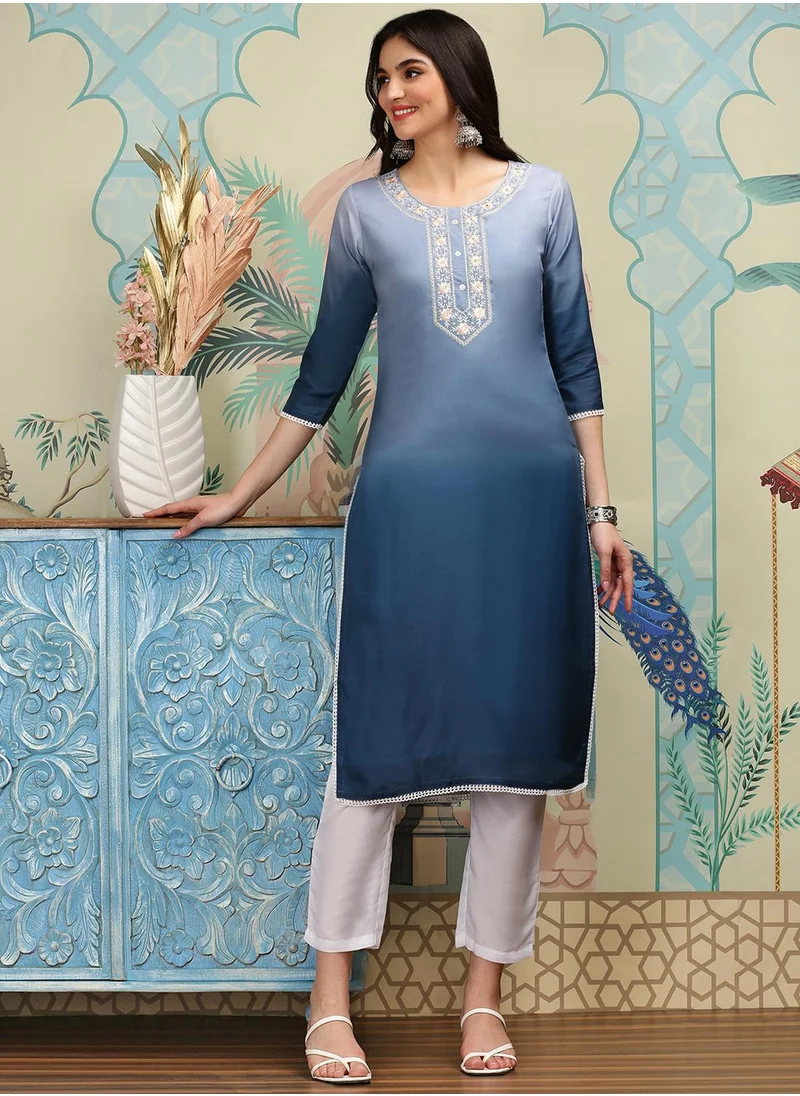 ISHIN Straight Fit Dyed Pattern Round Neck Three-Quarter Sleeves WHITE and BLUE Colour Woven Cotton Kurta Set for Women with Semi Elastic Closure - Designed with Style and Comfort