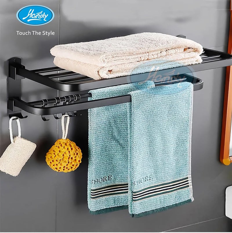 HANDY Bathroom Accessories Dual Folding Towel Racks Stainless Steel 304 Grade Bathroom towel Rack Black Towel Racks Hanger Stand Towel Rack for Bathroom Towel Rack with Hooks Black 24 inch - Image 2