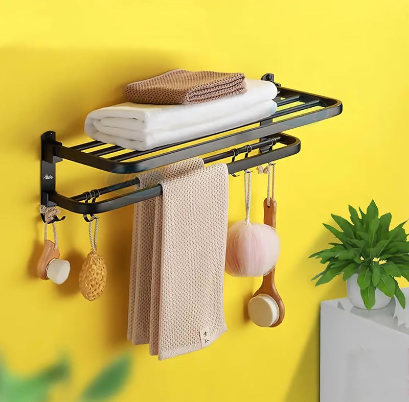 HANDY Bathroom Accessories Dual Folding Towel Racks Stainless Steel 304 Grade Bathroom towel Rack Black Towel Racks Hanger Stand Towel Rack for Bathroom Towel Rack with Hooks Black 24 inch - Image 1