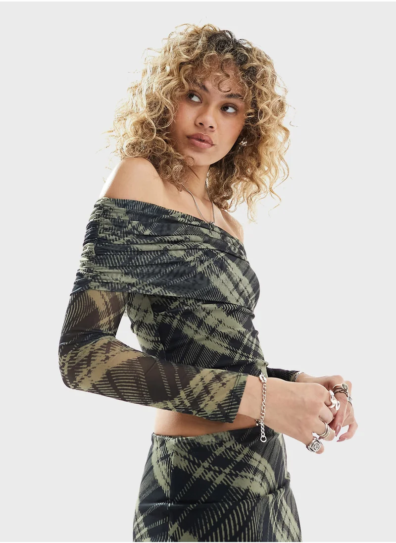 ريكلايمد فينتدج Bardot Checked Print Top