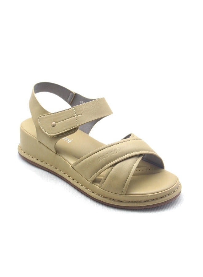 SD.Felano SD Felano Women’s Beige Comfort Sandals – Faux Leather Slip-On Walking Sandals with Velcro Closure and Cushioned Sole for Casual and Daily Wear - Image 5