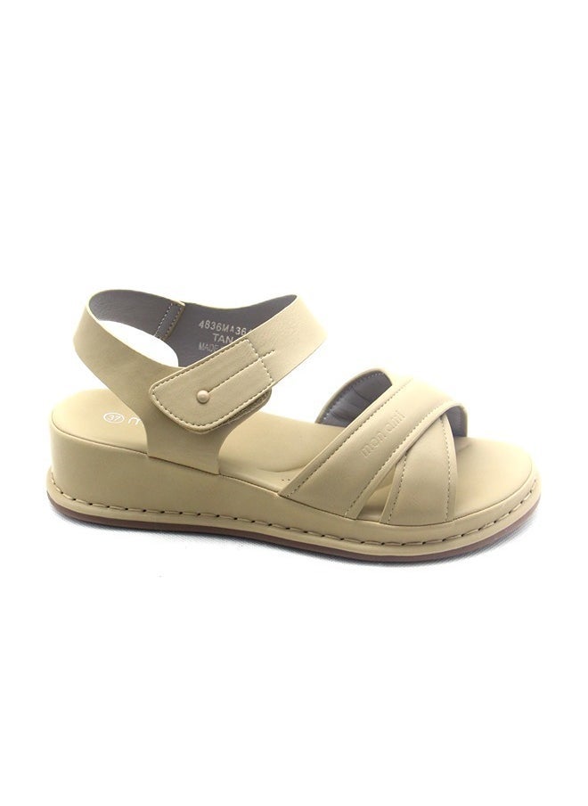 SD.Felano SD Felano Women’s Beige Comfort Sandals – Faux Leather Slip-On Walking Sandals with Velcro Closure and Cushioned Sole for Casual and Daily Wear - Image 1