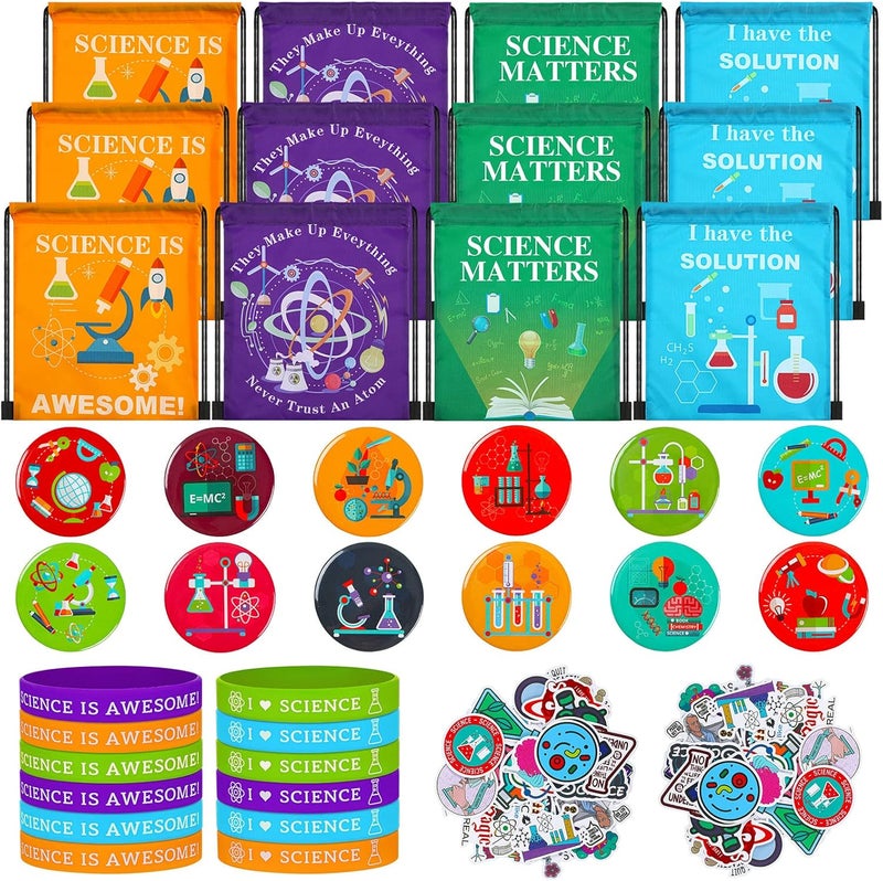 Sureio Sureio 86 Pcs Science Party Favors Include Science Drawstring Bags Silicone Bracelets Stickers Kawaii Pins for Scientist Birthday Decorations Prizes  - Image 1
