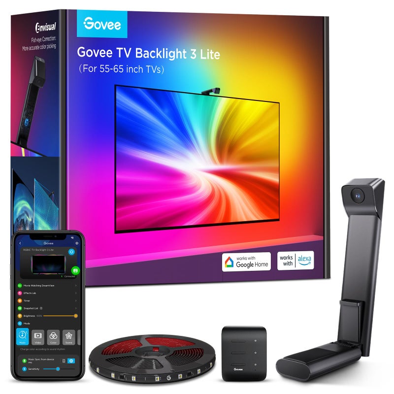 Govee TV Backlight 3 Lite with Fish-Eye Correction Function Sync to 55-65 Inch TVs, 11.8ft RGBICW Wi-Fi LED Strip Lights with Camera, 4 Colors in 1 Lamp Bead, Voice and APP Control, Adapter - Image 1