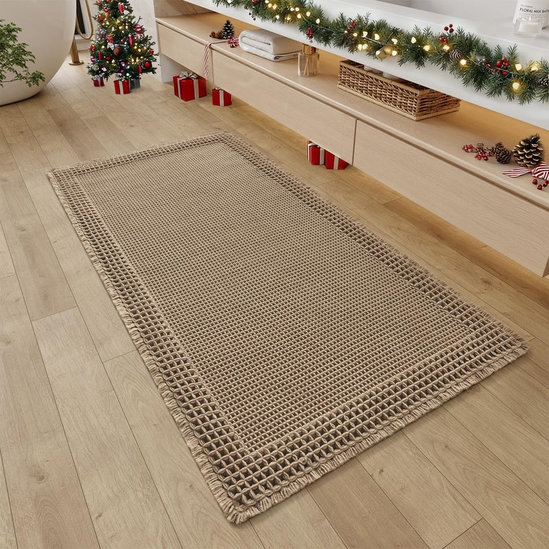 RESARE Waffle Bathroom Runner Rugs, Super Absorbent Bath Mat Non Slip Washable Quick Dry, Upgraded Ultra Soft Boho Bath Rugs with Tassels for Hallway Bedroom Laundry Room, 2'x4'(24"x48"), Brown - Image 1