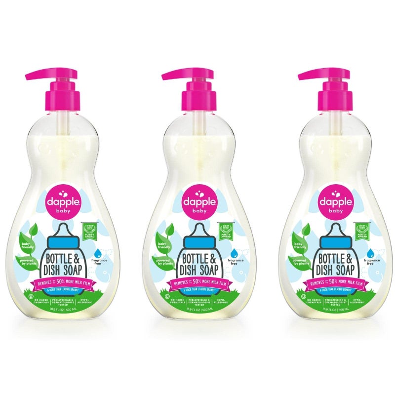 Dapple Baby Bottle Soap, Hypoallergenic Dish Soap for Baby Bottles, Powered by Plants, 1 Pump Included, Packaging May Vary, Fragrance Free, 16.9 Fl Oz (Pack of 3) - Image 1