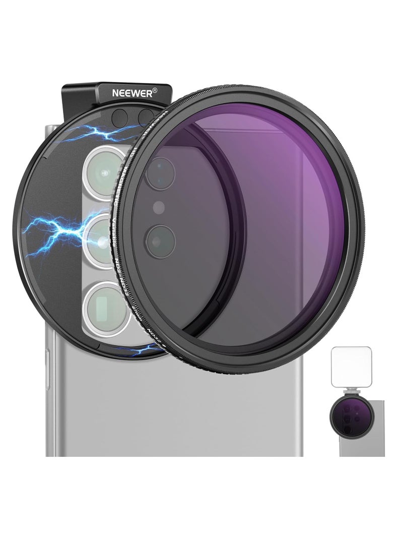 Neewer 67mm Clip On Variable ND2-ND32 Phone Lens Filter Kit, Phone Clip with Magnetic Adapter Ring/Cold Shoe/Locking Knob, HD Magnetic ND Filter for iPhone 15 Pro Max 14 13 Galaxy S22 S23 S24 Ultra  - Image 1