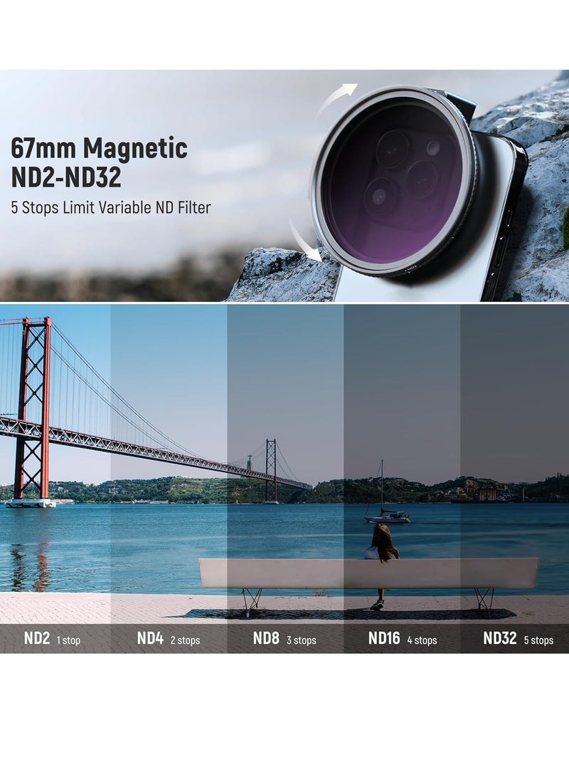 Neewer 67mm Clip On Variable ND2-ND32 Phone Lens Filter Kit, Phone Clip with Magnetic Adapter Ring/Cold Shoe/Locking Knob, HD Magnetic ND Filter for iPhone 15 Pro Max 14 13 Galaxy S22 S23 S24 Ultra  - Image 2