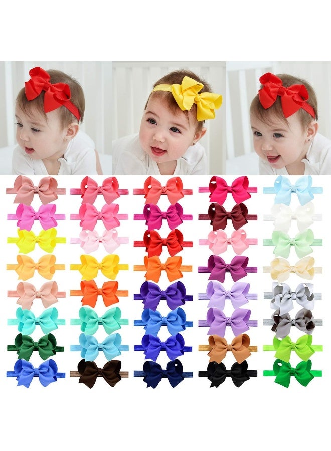 jollybows jollybows 40pcs Baby Girls Grosgrain Ribbon Hair Bows Headbands 4.5" Elastic Hair Band Hair Accessories for Infants Newborn - Image 1