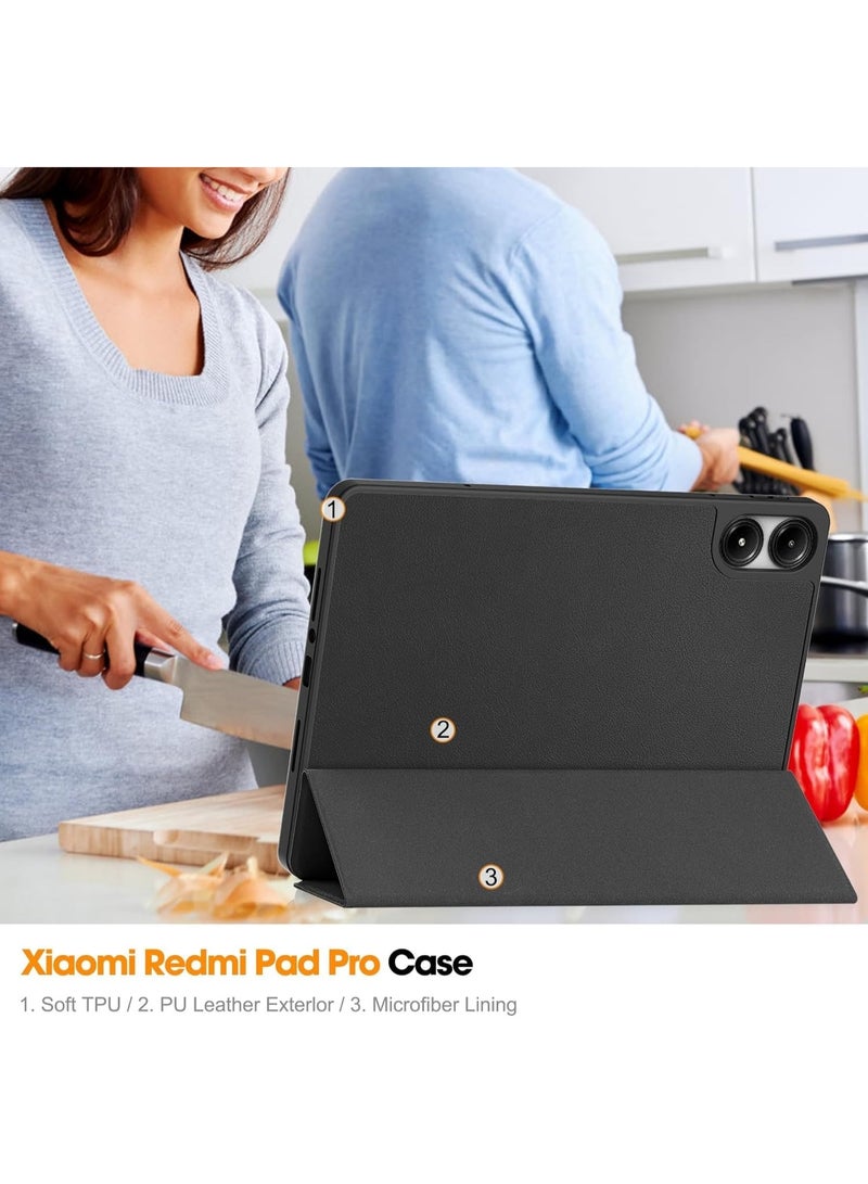 Xiaomi Redmi Pad Pro 12.1 Inch 2024 Tablet Cover Case with Pencil Holder, Soft TPU Back Trifold Stand Protective Smart Cover Flip, Auto Wake&Sleep (Black) - Image 4