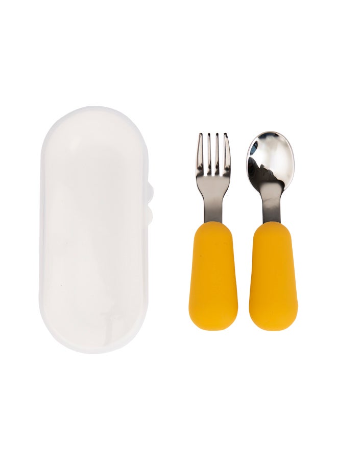 بابيز_بيسك مجموعة أدوات مائدة من الفولاذ المقاوم للصدأ للأطفال الأساسيين مع ملعقة وشوكة، مع علبة سفر - أصفر - Image 1