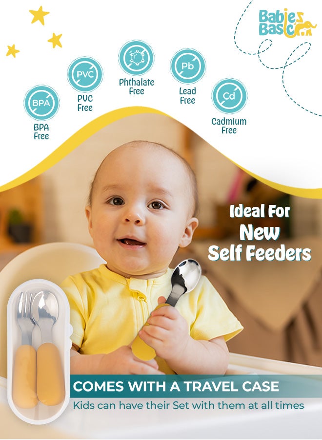 بابيز_بيسك مجموعة أدوات مائدة من الفولاذ المقاوم للصدأ للأطفال الأساسيين مع ملعقة وشوكة، مع علبة سفر - أصفر - Image 3