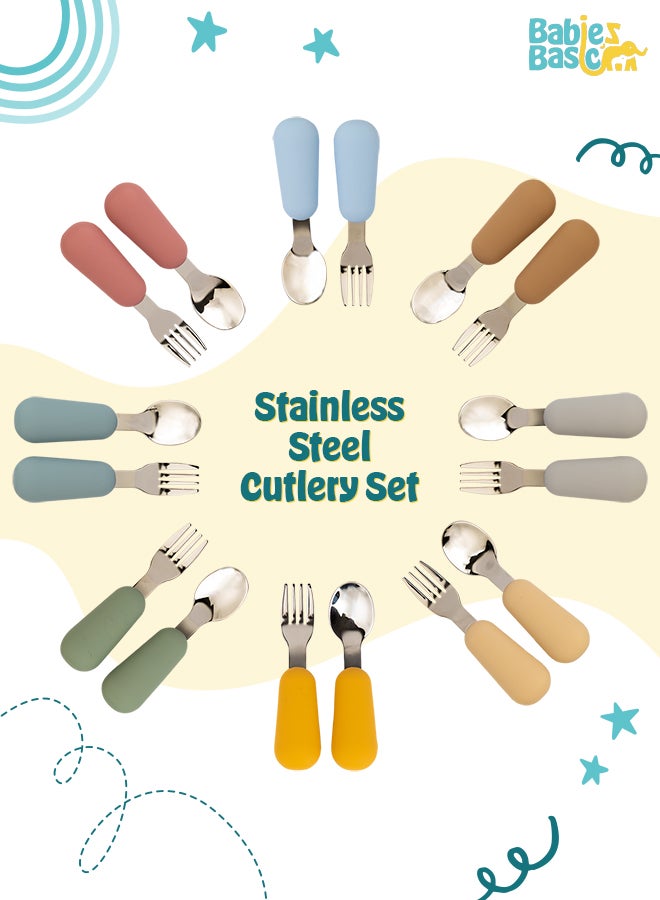 بابيز_بيسك مجموعة أدوات مائدة من الفولاذ المقاوم للصدأ للأطفال الأساسيين مع ملعقة وشوكة، مع علبة سفر - أصفر - Image 4