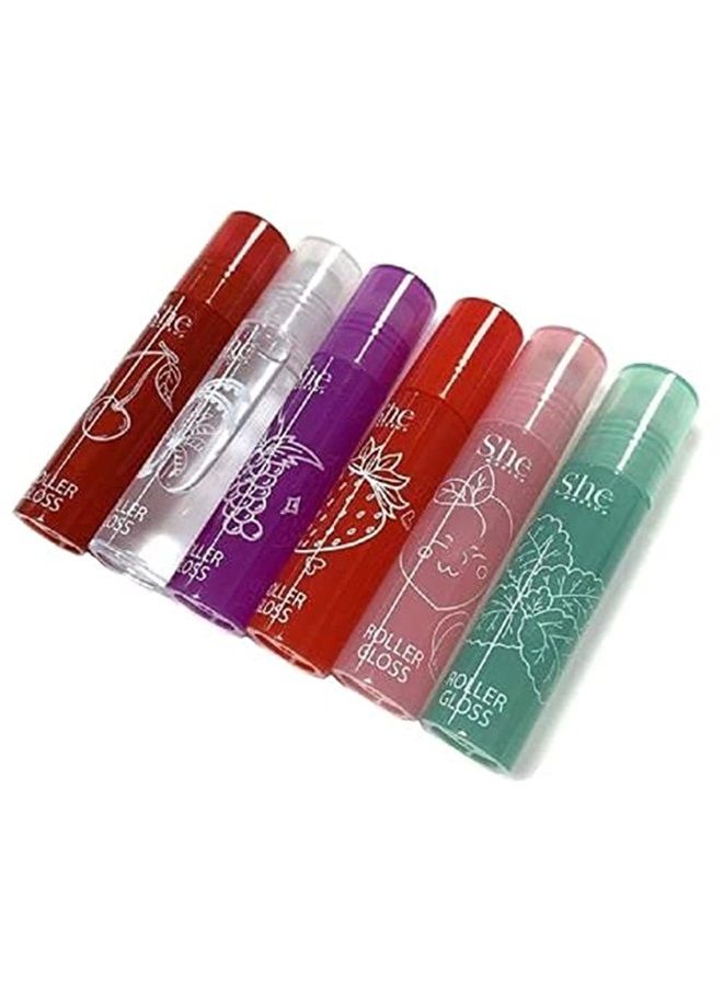 Generic Fruity-Pop Roller Gloss by S.he Makeup; Smooth Glass Like Shine Lip Glosses, Complete Set of All 6 Flavor Scents 0.22oz 6.3g Clear  - Image 2