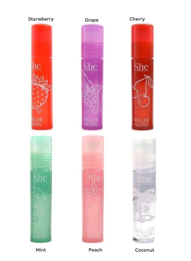 Generic Fruity-Pop Roller Gloss by S.he Makeup; Smooth Glass Like Shine Lip Glosses, Complete Set of All 6 Flavor Scents 0.22oz 6.3g Clear  - Image 4
