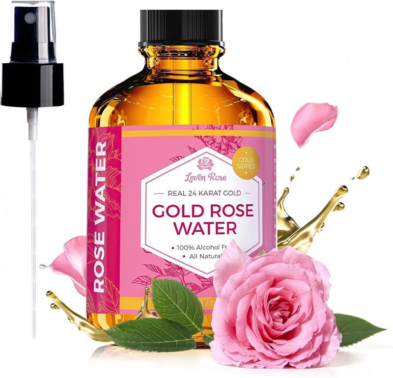 24 Karat Gold Rose Water Toner by Leven Rose Organic Natural Moroccan 24K Rosewater Toner 4 oz